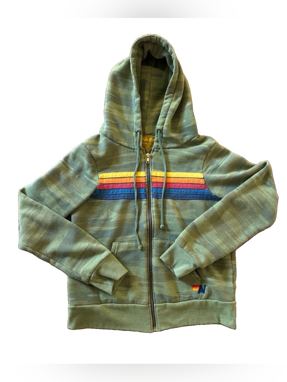 Aviator Nation Camo 5 Stripe Zip Up Hoodie Sweatshirt Womens Small Green USA